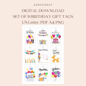 Puede incluir: Descarga digital de nueve etiquetas de regalo de cumpleaños. Cada etiqueta presenta ilustraciones coloridas de globos, regalos, velas y pasteles de cumpleaños. Las etiquetas están etiquetadas con "Happy Birthday". Formatos: US Letter, PDF A4, PNG.