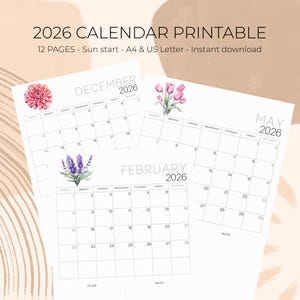 2026 Watercolor Floral Calendar Printable: Desk & Wall Planner (A4/Letter PDF Download)