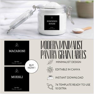 Sjabloon minimalistische voorraadkast graanetiketten: 75 voorgevuld, 10 blanco (pdf, png, canva-bewerkingslink)