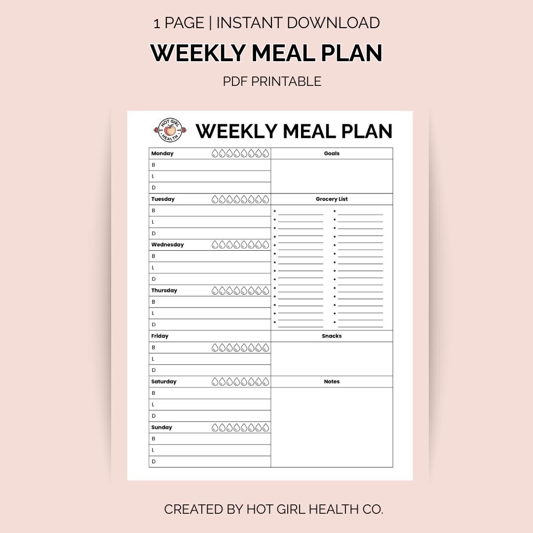 Weekly Meal Planner Printable | Food & Grocery List | Nutrition Tracker ...