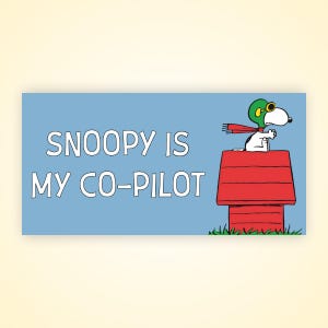 Könnte beinhalten: Rechteckiges Schild mit dem Text "SNOOPY IS MY CO-PILOT" in weißen Buchstaben auf hellblauem Hintergrund. Snoopy mit grünem Fliegerhelm und rotem Schal sitzt auf einem roten Hundehütte. Grünes Gras unten.