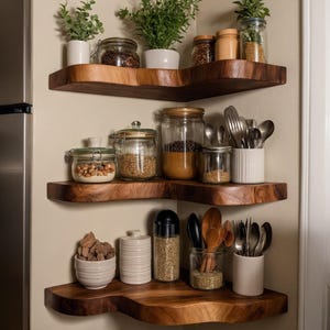 Live Edge Kitchen Corner Shelf, Rustic Solid Wood Floating Shelves, Wooden Wall Shelf For Kitchen & Home Decor