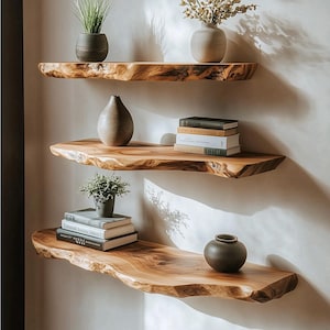 Live Edge Floating Shelves, Solid Wood Wall Shelf, Rustic Natural Display Shelf For Home Decor, Wooden Wall Mounted Shelving