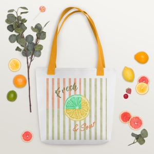 Fresh and Sour Lemon Summer Vibes Canvas Tote Bag, Weekender Shoulder Bag, Strawberry Printed, Bags for Beach, Books, Markets