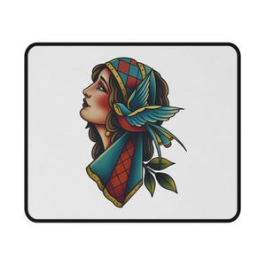 Mouse Pad, Tattoo Inspired Lady Head Design, Gaming Accessories, Desk Decor, Office Supplies, Computer Desk Decor