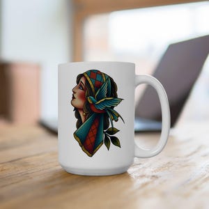 Ceramic Mug, Tattoo Lady Head Design, Coffee Cup, Tea Mug, Unique Gift, Tattoo Lover Gift, Retro Style Mug