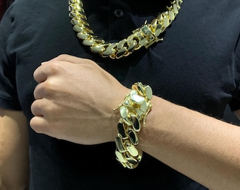 Set composto da catena e bracciale a maglia cubana placcata oro 14 carati, 22 mm, realizzati a mano.