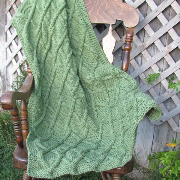 Afghan Blanket Knitted Throw Green Twisted Cable