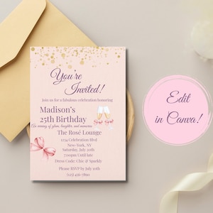 Blush Pink Birthday Invitation Template Editable Canva Invite Rose Gold Digital Party Invitation for Her Girls Birthday Download