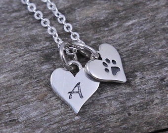 Paw Print Necklace, Sterling Silver Pet Jewelry with Initial, Necklace for Dog Mom, Christmas Gift