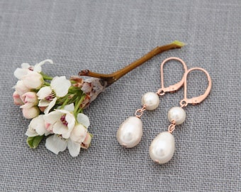 Rose Gold Pearl Drop Earrings, Bridal Party Jewelry, Gift for Bridesmaids, Wedding Earrings, Pearl Teardrop Dangles, Bridesmaid Earrings