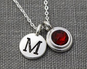 Silver Initial Mothers Necklace, Grandma Necklace with Birthstone, Garnet Necklace January, Garnet Initial Jewelry, Birthstone Necklace