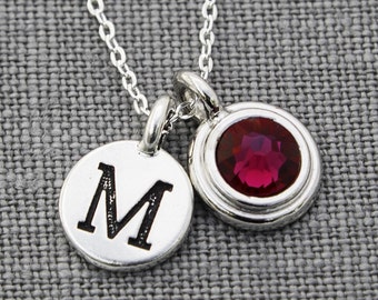 Personalized Mother Necklace Birthstone, Necklace For Grandma, July Ruby Jewelry, Silver Letter Necklace, Ruby Necklace