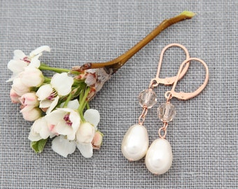 Crystal Pearl Rose Gold Wedding Earrings, Swarovski Crystal Pearl Jewelry, Champagne, Pink Rose Blush Bridal Earrings