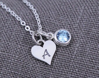 Birthstone Initial Necklace, Personalized Heart Jewelry, March Aquamarine Necklace, Gift for Mom