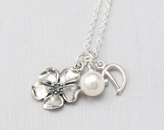 Sterling Silver Flower and Initial Necklace, Spring Wedding Jewelry, Personalized Bridesmaid Initial Necklace