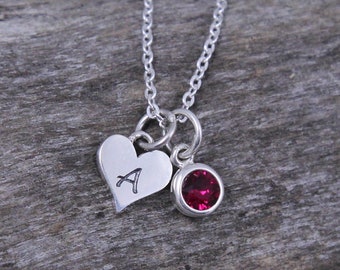 Heart Initial Jewelry, Personalized Gift for Mom, July Birthstone Necklace, Ruby Jewelry, Birthday, Christmas Gift for Women, Her, Mother