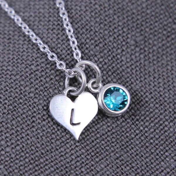 Initial Necklace Heart, Birthstone Jewelry for Mom, December Blue Topaz Necklace, Personalize Gift for Her