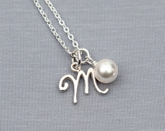 Bridesmaid Initial Necklace, Personalized Bridal Party Gifts, Sterling Silver Bridesmaid Jewelry with Pearl