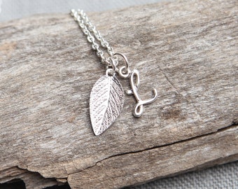 Personalized Necklace with Initial and Dainty Silver Leaf, Nature Bridesmaids Gift, Autumn Fall Wedding Jewelry