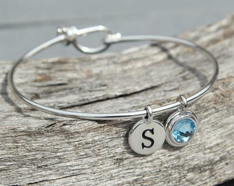 Personalized Grandmother Gift, Initial Birthstone Bracelet for Mom, Bracelet Initials, Bracelet Silver, March Birthstone Jewelry, Aquamarine