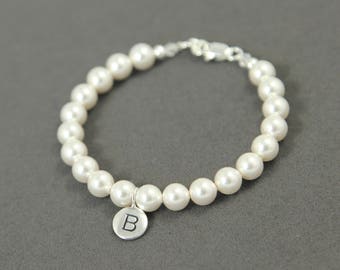 Personalized Bridal Party Gift, Custom Bridesmaids Bracelet, Custom Initial Jewelry, Sterling Silver, Personalized Pearl Bracelet