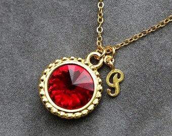 July Birthstone Necklace, Personalized Initial Jewelry, Gold New Mom Jewelry, Ruby Initial Necklace