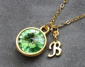 Initial Birthstone Jewelry, August Peridot Necklace, New Mother, Bridesmaids, Gold Letter Jewelry, Initial Necklace