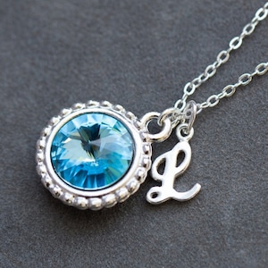 March Birthstone Necklace, Personalized Initial Jewelry, Aquamarine Silver Letter Necklace, New Mom Necklace