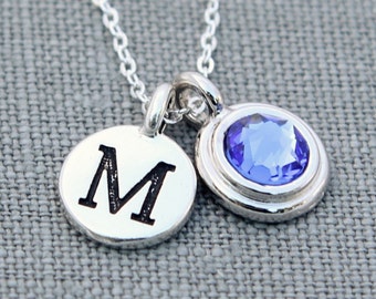 Mom Necklace with Letter & Birthstone Jewelry, Silver Initial Pendant, Personalized Gift for Her, New Mommy Push Present, September Sapphire