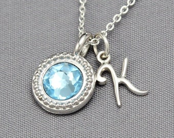 Personalized Birthstone Necklace for Mom, Initial Jewelry in Sterling Silver, Aquamarine Necklace