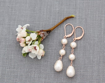 Long Dangles, Rose Gold Bridal Earrings, Pearl Jewelry, Drop Earrings, Pink Gold, Ivory Pearl Dangles