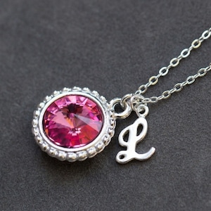 Pink Tourmaline Necklace, October Birthstone Jewelry, Rose Pink Crystal, Custom Birthstone Initial Necklace