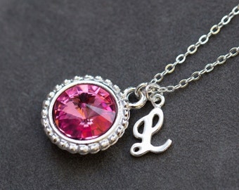 Pink Tourmaline Necklace, October Birthstone Jewelry, Rose Pink Crystal, Custom Birthstone Initial Necklace