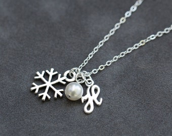 Personalized Snowflake Necklace, Initial Jewelry, Sterling Silver Initial Necklace, December Birthday Gift for Women, Custom, White Pearl