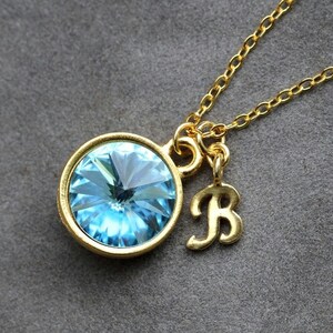 Joyería de piedra de nacimiento inicial de oro, collar de aguamarina de marzo, nueva madre, carta, joyería de aguamarina, collar inicial