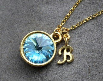 Gold Initial Birthstone Jewelry, March Aquamarine Necklace, New Mother, Letter, Aquamarine Jewelry, Initial Necklace