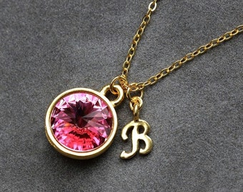 Gold October Birthstone Jewelry, Pink Tourmaline, Personalized Initial Necklace, Push Present, New Mom Jewelry