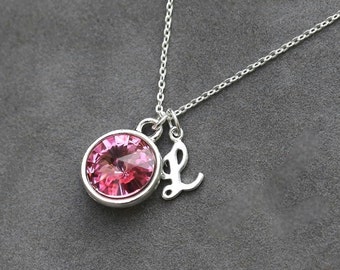 October Birthstone Jewelry, Rose Pink Tourmaline Necklace, Personalized Initial Birthstone Necklace