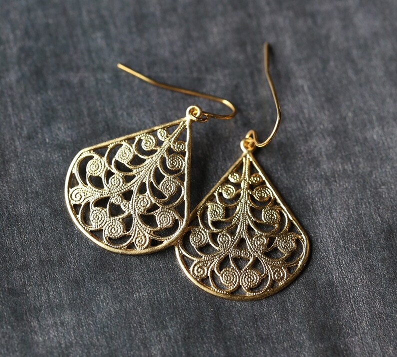 Gold Filigree Earrings Teardrop Drop Dangle Earrings Etsy