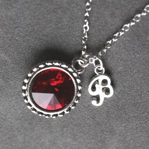 July Birthstone Initial Necklace, Personalized Ruby Jewelry, Ruby Red Sterling Silver Letter Necklace, Mother&#39;s Necklace