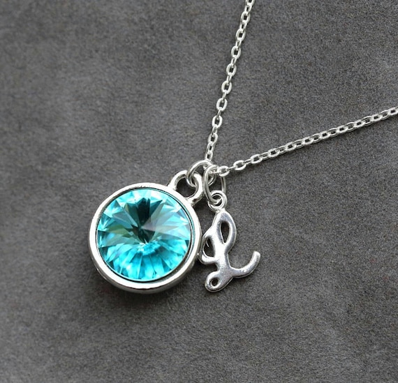 14k Gold Blue Topaz December Birthstone Cursive Letter Q Dog-tag Necklace