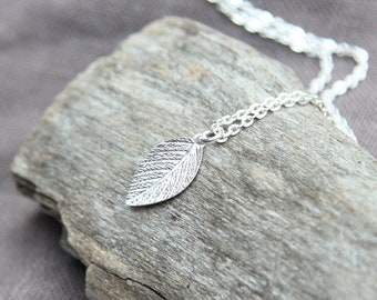 Sterling Silver Leaf Necklace, Minimal Everyday Jewelry, Dainty Layering Necklace