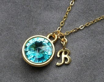 Initial Birthstone Jewelry, December Blue Zircon Necklace, New Mother, Blue Topaz Crystal, Gold Letter Jewelry, Initial Necklace