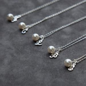 Bridesmaid Jewelry Set, Bridesmaid Initial Necklace, Bridesmaid Gift Set of 9, Sterling Silver Initial Pearl Necklace