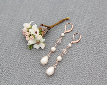 Rose Gold Wedding Earrings, Long, Bridal Earrings in Rose Gold, Bridal Jewelry, Cream Pearl Earrings with Champagne Crystals, Linear Dangles