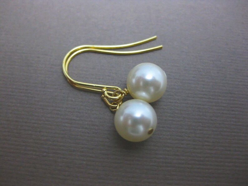 Gold Pearl Drop Earrings, Cream Pearl Bridal Jewelry, Drop Pearl Earrings, Dangle Bridesmaid Earrings image 2