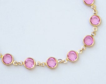 Gold Birthstone Bracelet, October Birthstone Jewelry, Pink Tourmaline Swarovski Crystal Birthstone Bracelet