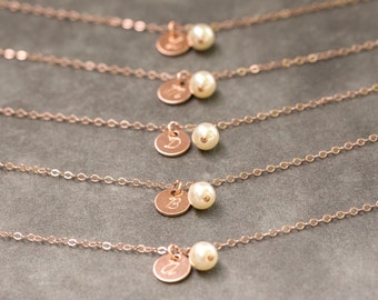 Rose Gold Bridesmaid Bracelet, Pearl & Initial Charm Bracelet, Custom Jewelry, Personalized Rose Gold Bracelet Set of 8