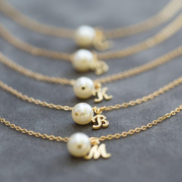 6 Gold Bridesmaid Bracelets, Charm Initial Jewelry, Custom Bridesmaid Gift Set of 6,  Initial & Pearl Bracelet
